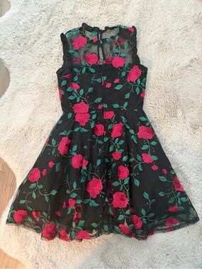 Girls Black Floral Embroidered Dress with Pink Roses